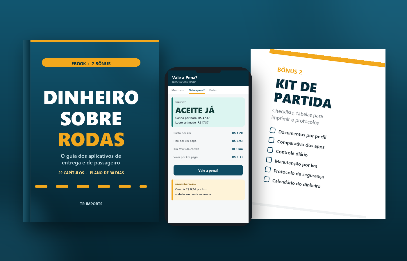 Ebook Dinheiro sobre Rodas, a calculadora no celular e o kit de partida